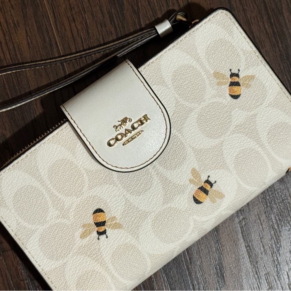 Coach Tech Wallet In Signature Canvas With Bee Print (gold & glacier white)